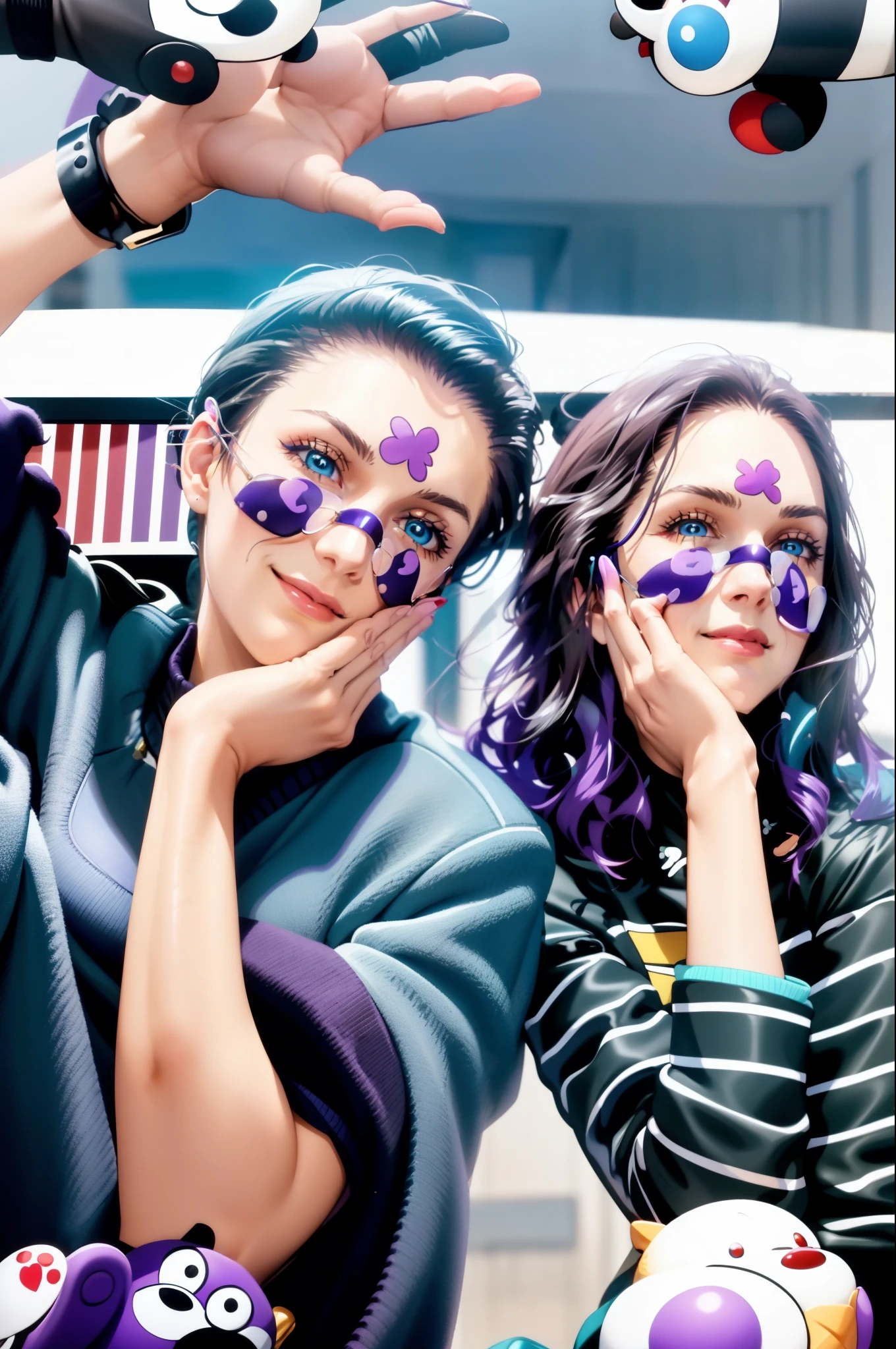 (Masterpiece), 1girl, high quality, best quality, extremely detailed eyes, extremely detailed body, blush, highly detailed, Nico robin, one piece, black hair, blue eyes, looking at viewer, smile, large breasts, gloves, long sleeves, closed mouth, 1girl, purple jacket, upper body, open clothes, sweater, coat, crossed arms, eyewear on head, brown gloves, ribbed sweater, hair slicked back, purple sweater