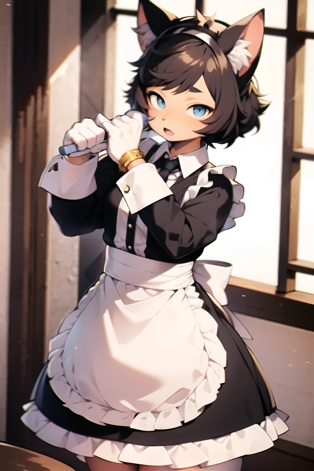 Thicc cat girl in a cute maid dress. cleaning
