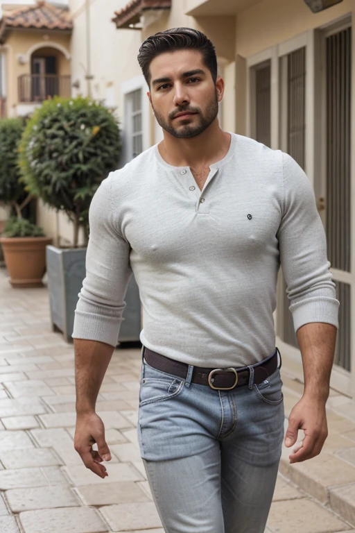 Rogelio Martínez, hombre barbudo y musculoso, muy guapo y varonil, intrincado, elegant, Sharp focus, foto de greg rutkowski, Soft lighting, Colores vibrantes, Obra maestra, ((calles)), cuerpo completo, gray jeans  , same model 