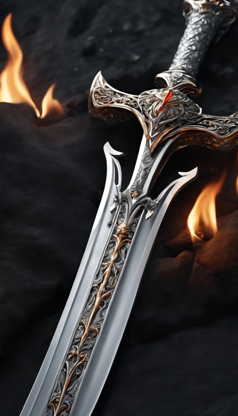 (Outstanding、Professional、Surreal)、Detailed white silver sword, Metallic magical texture, Lying on the ground, with flame.