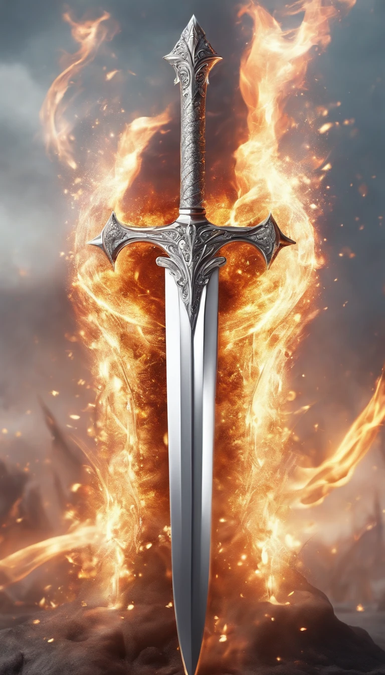 (Outstanding、Professional、Surreal)、Detailed white silver sword, Metallic magical texture, Lying on the ground, with flame.