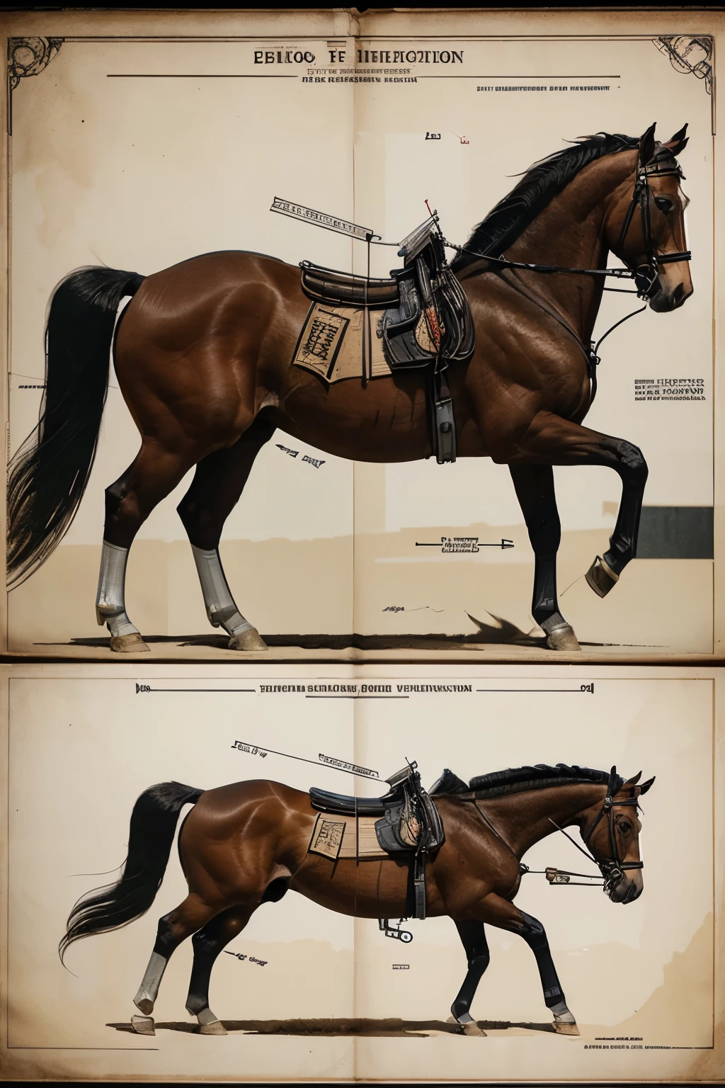 Highly detailed technical drawing of a horse The illustrations should include a side view, cross-sections, and exploded views to show both the exterior and interior organs. Labeled parts with annotations specifying materials, dimensions, and other anatomic specifications. Style vintage engineering blueprint, and educational intent