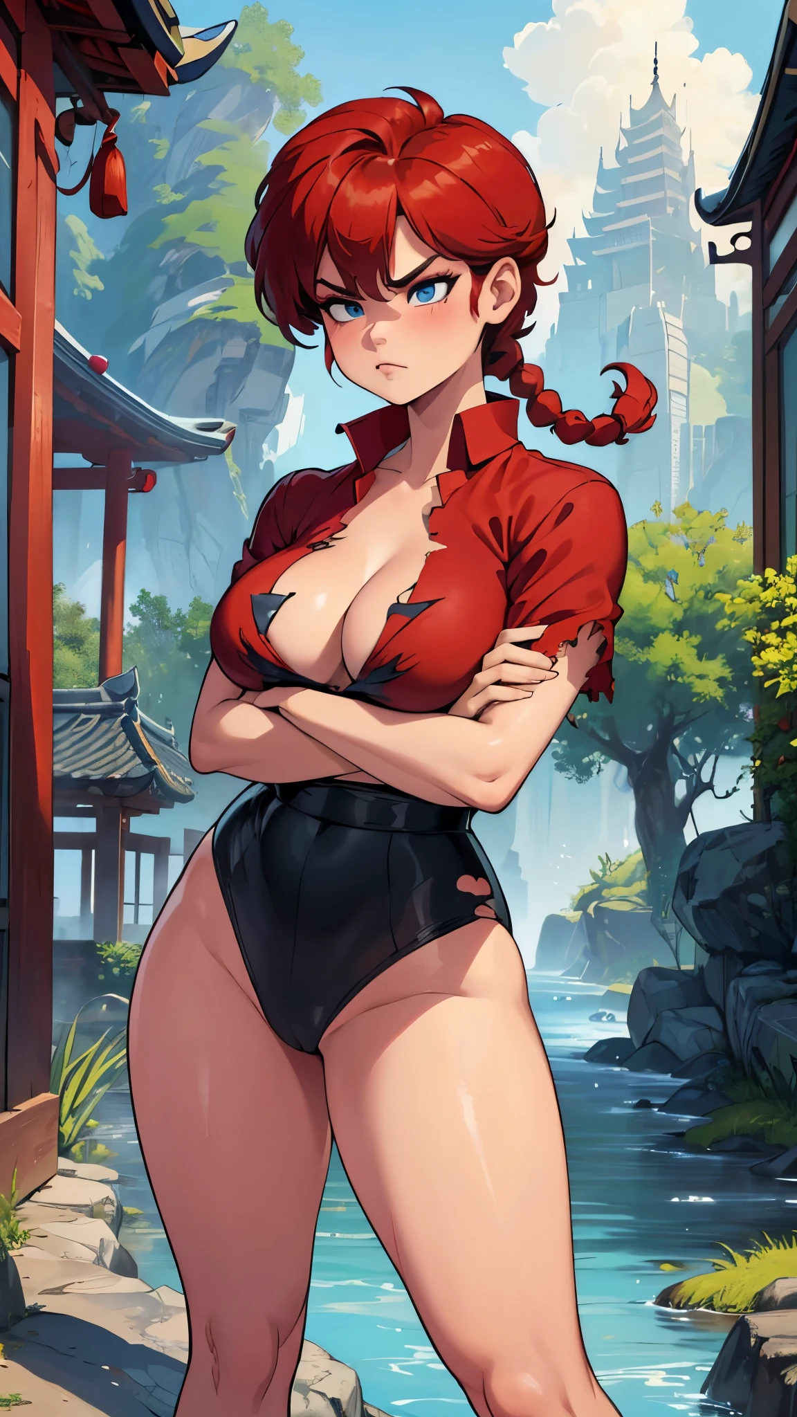 femaleranma, braided ponytail, gorgeous girl standing solo, fight position, (((covering breasts with hands, crossed arms))), hands on own chest, serious face, baring teeth in anger, ((blank_eyes)), lipstick, large blue-eyes, short red hair, blushing, perfect big tits, ((old chinese red shirt)), ((super torn shirt open exhibing colossal cleavage)), perfect body, shining skin, ((steam around scene)), perfect legs, thick thighs, masterpiece, best quality, highres, very detailed image, ((plain_backgorund:1.3))