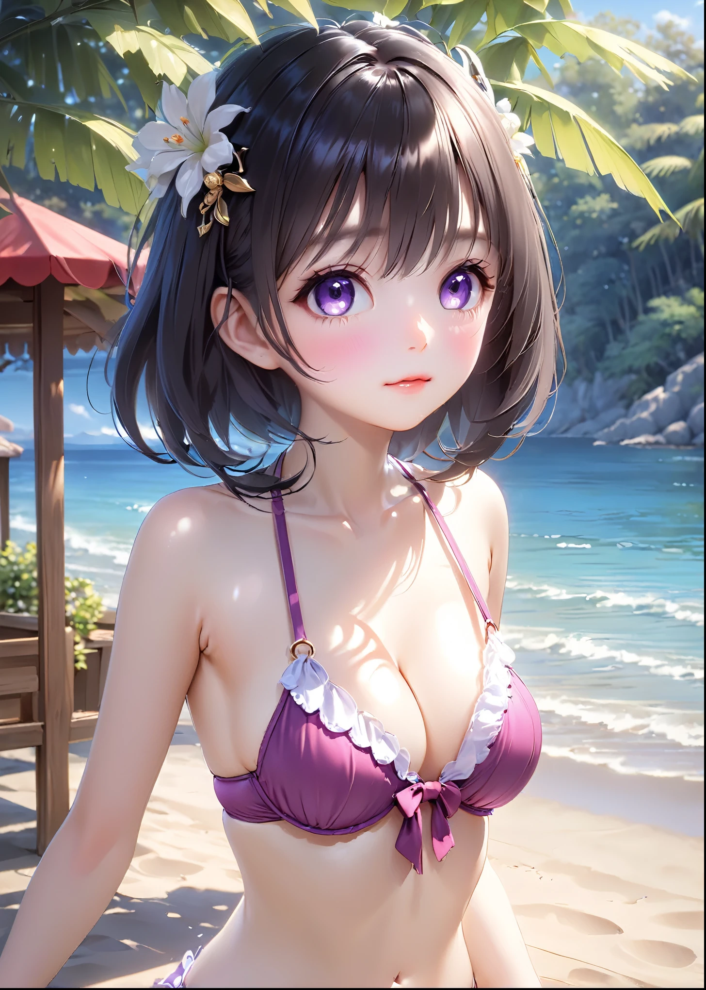 masterpiece, High resolution, perfect face, beauty of japan, 30 years old, beautiful face, beach, light purple bikini, embarrassed look, look at the camera, (top quality eyes), detailed texture, look at me, Married woman, cool women, (high resolution eyes), black hair, little curvy, tits job
