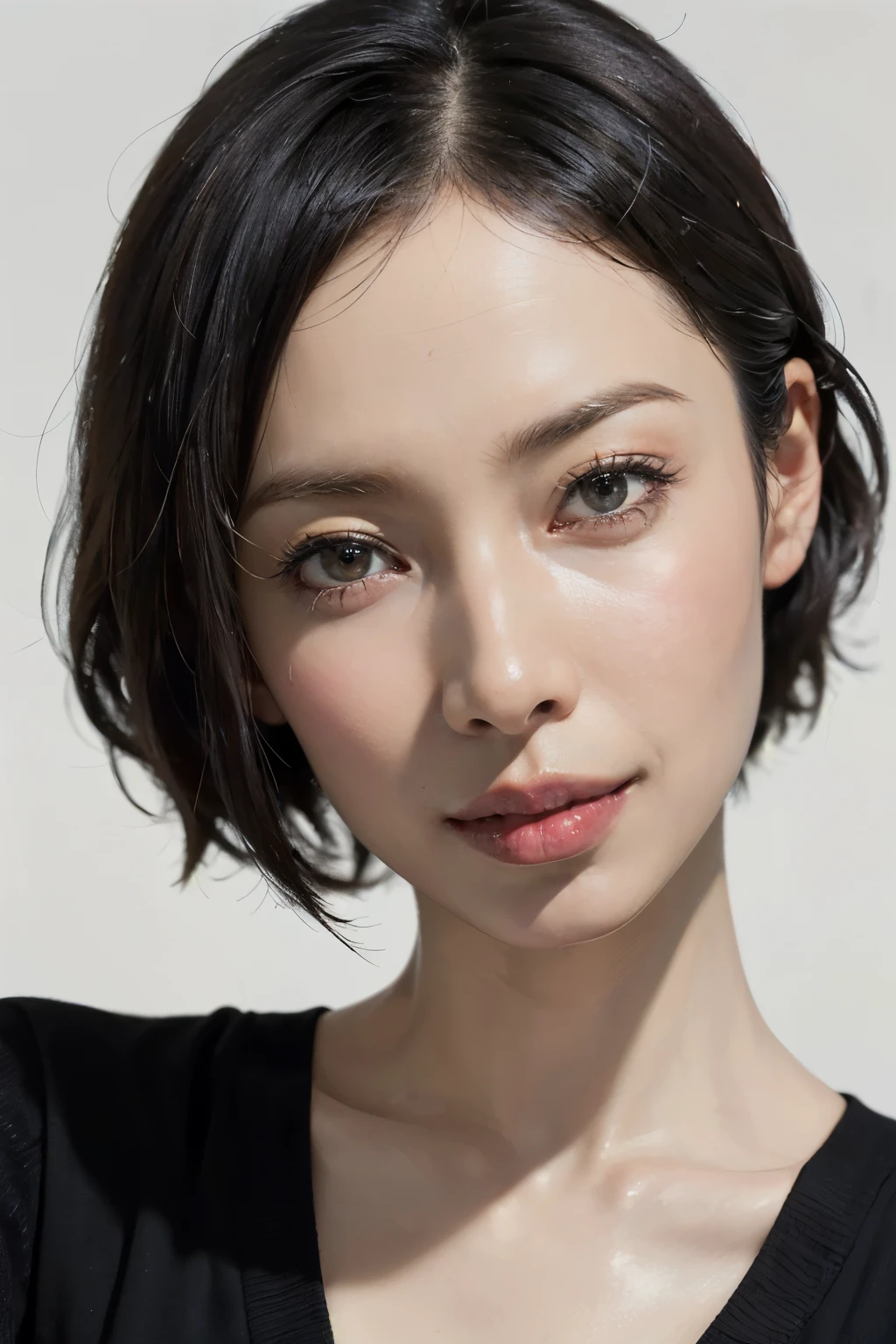 (masterpiece:1.3), (8k, photorealistic, RAW photo, best quality: 1.4), (1girl), beautiful face, (realistic face), (black hair, short hair:1.3), beautiful hairstyle, realistic eyes, beautiful detailed eyes, (realistic skin), beautiful skin, (sweater), absurdres, attractive, ultra high res, ultra realistic, highly detailed, golden ratio, smile, selfie shot, white background