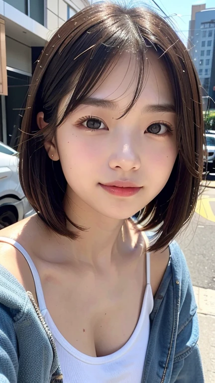 (((Shoulder length brown straight short bob)))、(((Her background is downtown Hawaii.、Pose like a model at the hair salon.)))、(((Casual black winter street fashion)))、Face close-up、Half Japanese and half Korean、18-year-old girl、independent、Look forward、Light eye makeup、Brown Hair Color、flat 、Hair blowing in the wind、Quality of actress、Shiny, Ultra-realistic faces、smileの表情、Watery eyes、look up、Soothing lighting effects、 Ultra-Realistic Capture、Very detailed、High resolution 16k human skin closeup。Skin texture must be natural、Must be so detailed that pores are visible、skin is healthy、Must be of uniform tone、Use natural light and color、High quality photos taken by modeling agencies'Exclusive photographer、smile
