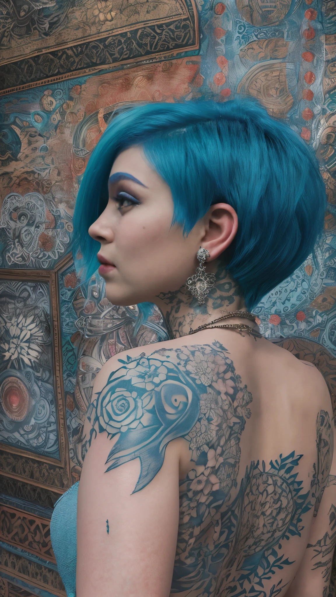 a woman with short blue hair styled to one side, adorned with tattoos on her back. Her vibrant blue hair contrasts beautifully with the intricate tattoos, each design telling a story of expression and artistry. The scene captures a moment of self-expression and individuality, where the woman's unique style and tattoos reflect her inner creativity