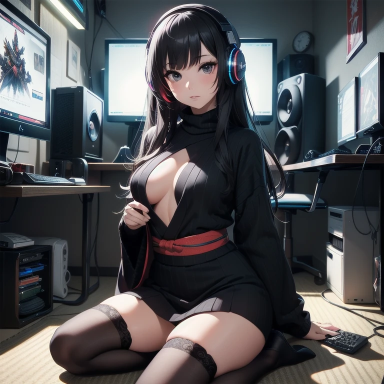 ((masterpiece)), (best quality:1.7), (detailed:1.4), (high res:1.4), 8k, high resolution, sharped image, 4k, hd, (beautiful detailed background:1.2), (beautiful lighting:1.2), (highly detailed:1.2), perfect lighting, (8k wallpaper:1.2), (highly detailed:1.2), (extremely detailed CG:1.2), ((long black hair with square bangs)), ((medium chest)), (busty), (((black eyes))), (black Japanese style kimono mixed with ribbed black sweater with red accents), ((ribbed black sweater)), stockings and skirt, Japanese shrine/temple background, mature, older, adult, tatami flooring, shoji panel wallpaper, neon lights headphones, (((gamer))), playing video games infront of monitor with gaming neon light RGB PC console/computer case to the side, neon light RGB PC console/computer case, sitting on floor