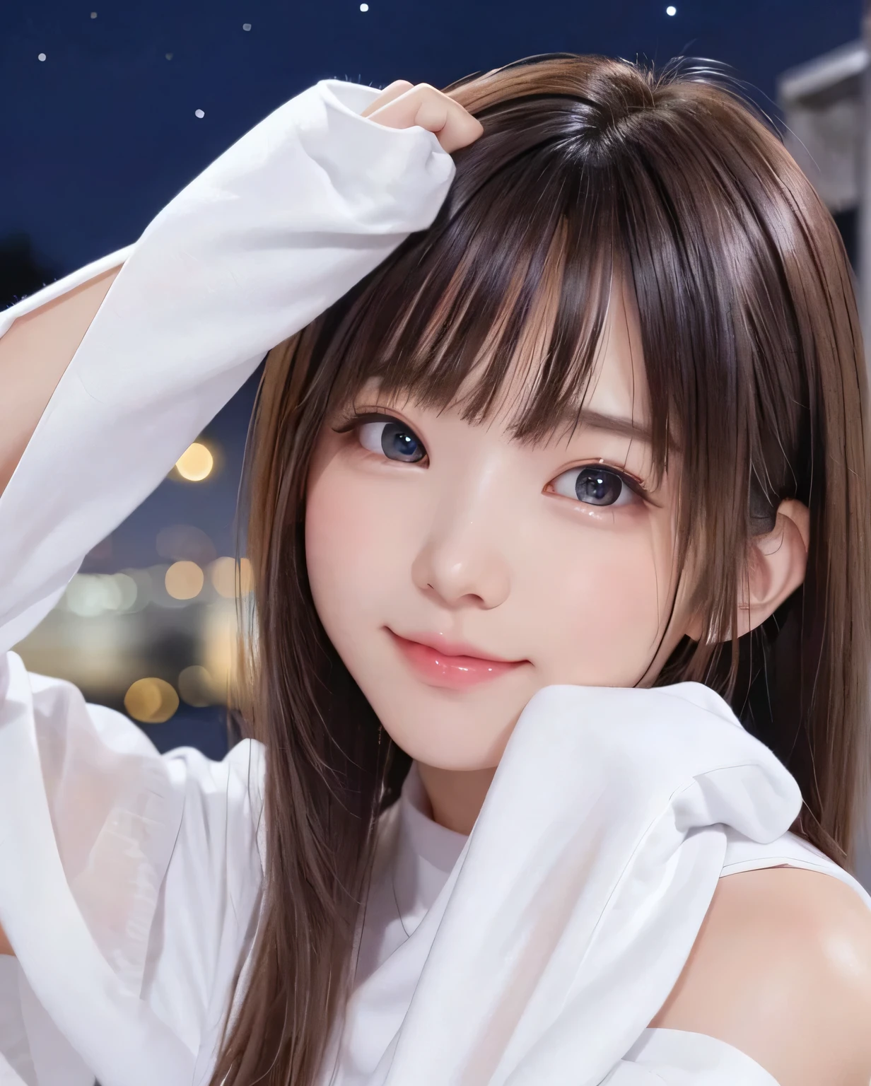 8K、highest quality、1 Girl、(16 years old)、(Face shot close up:1.3)、、Flat Body、cute、Beautiful photorealistic、High resolution、Perfect lighting、((Look at the viewers))、(Shiny Hair:1.3)、(((Night Sky)))、(((Moe sleeves)))、(salute)、half smile、Perfect Fingers
