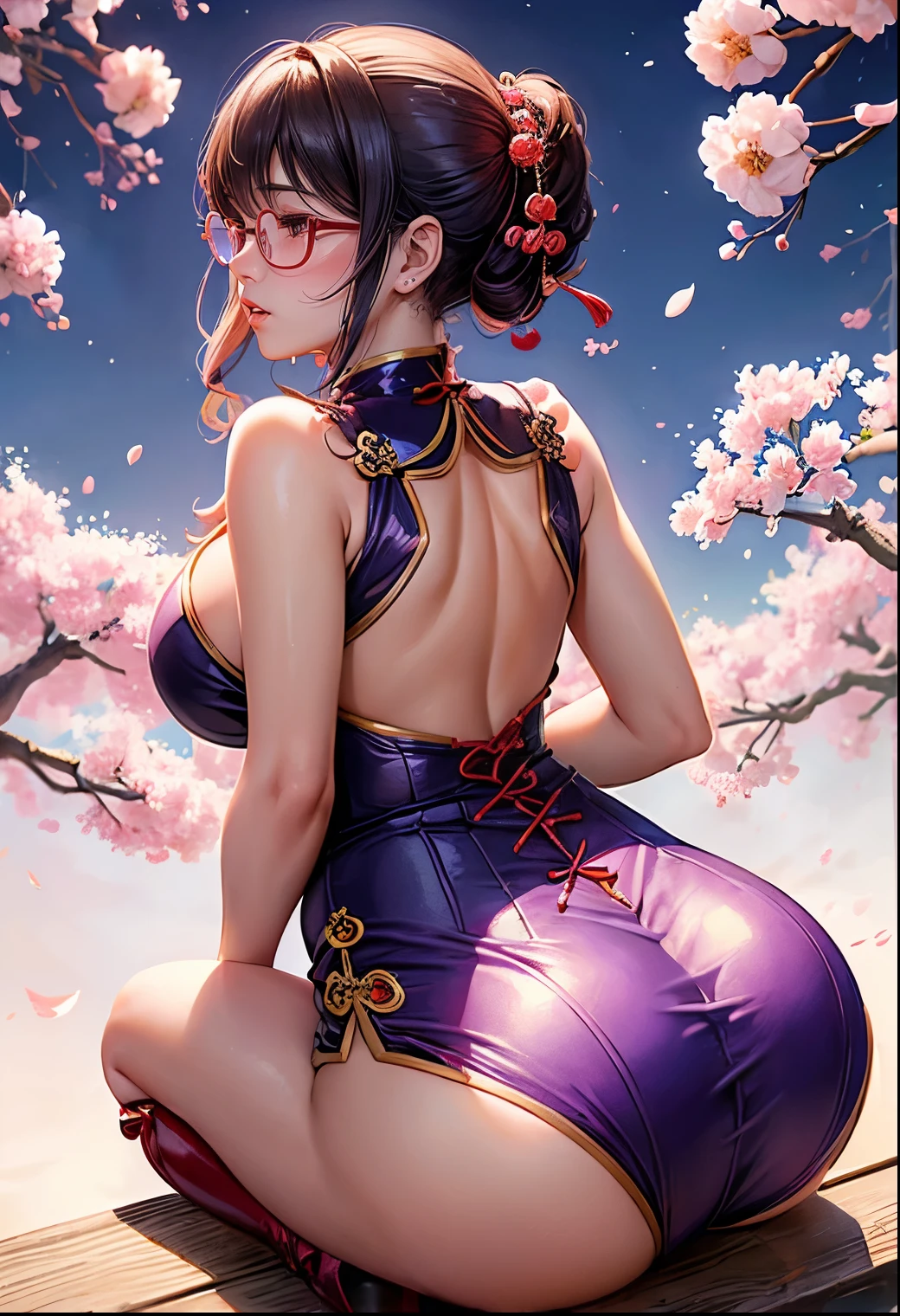 Chinese idol girl Mature Woman Blonde wavy hair with bangs (Bright red rouge lips) Super big boobs Chubby Plump Super big butt Wet ass ((Rimless glasses)) Big eyes SakuraFubuki ((Gorgeous super shiny purple long cheongsam)) ((Knee-high boots)) garter belt 8K Photorealistic ((Cherry tree in full bloom)) (A large amount of falling cherry blossom petals) ((Morning Glow)) ((Sit with your back to the camera)) ((Back view of a person sitting upright)) ((Turn around and make eye contact)) ((stick out your butt))