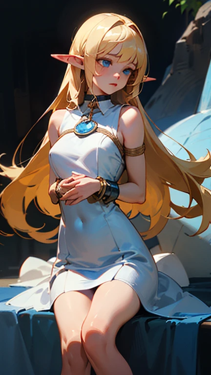 best quality,4k,high res),ultra-detailed,realistic:1.37, blonde hair, bright golden hair, elf, medium-sized breasts, slender, magical slave collar, in a dark sex dungeon, deep blue eyes, long hair, silver collar, slave, bondage, shy, submissive, white and blue priestess decolletage dress, slim body, dainty body, sleeveless dress