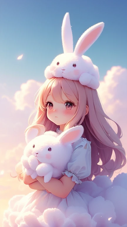 Bunny Morphing Girl, fluffy, soft ((highest quality)), ( Extremely detailed, Best details, Official Art, Beauty and aesthetics: 1.2), Depth of written border, composition, whole body, (a bit), (Beautiful and detailed: 1.3), (wonderful:1), Colorful clouds blurred background