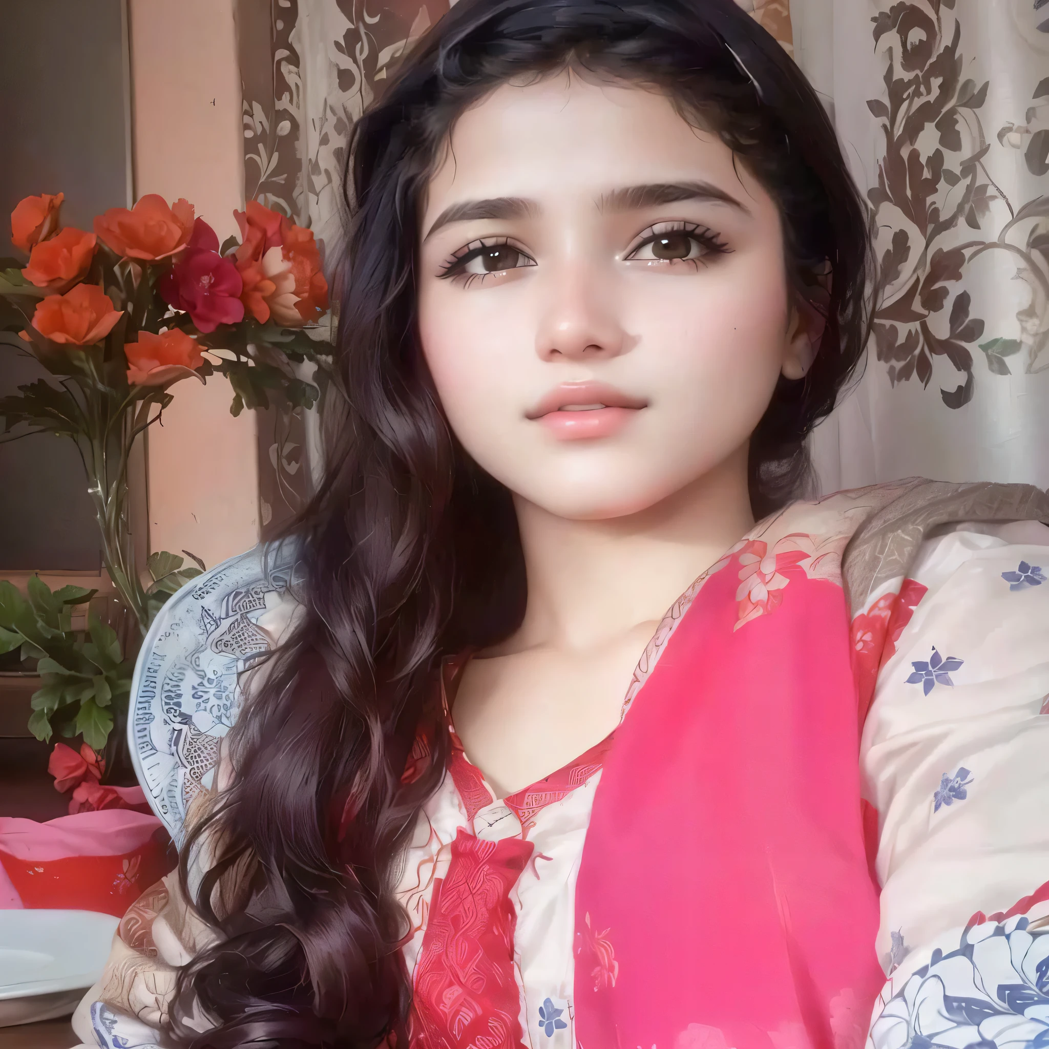 there is a young girl sitting at a table with a plate of food, very beautiful girl, portait photo profile picture, faridah malik, with accurate face, profile pic, around 1 9 years old, cute beautiful, traditional beauty, 18 years old, beautiful image, profile picture, very very beautiful woman, profile image, lovely woman