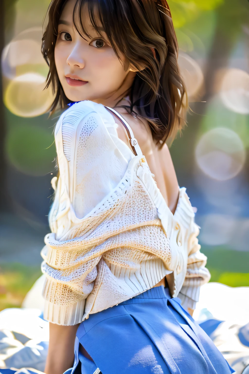 ighest quality, Photorealistic, Very detailed, finely, High resolution, 8K Wallpaper, Professional, High level of detail, ((One 18 year old girl:1.2)), Slender Japanese women,Pretty lips, (Long eyelashes:1.2)、Detailed clavicle, Perfect Face, (Cute short bob hair:1.5),Top Quality,Ultra-clear resolution,Clear Eyes,Sunburned skin,Perfect breasts,have perfect legs,Focus on the legs,On the bed in a long flared skirt,As if inviting him、wearing knit sweater & miniskirt, (Flirtingly lifting her skirt to show her panties:1.5)
