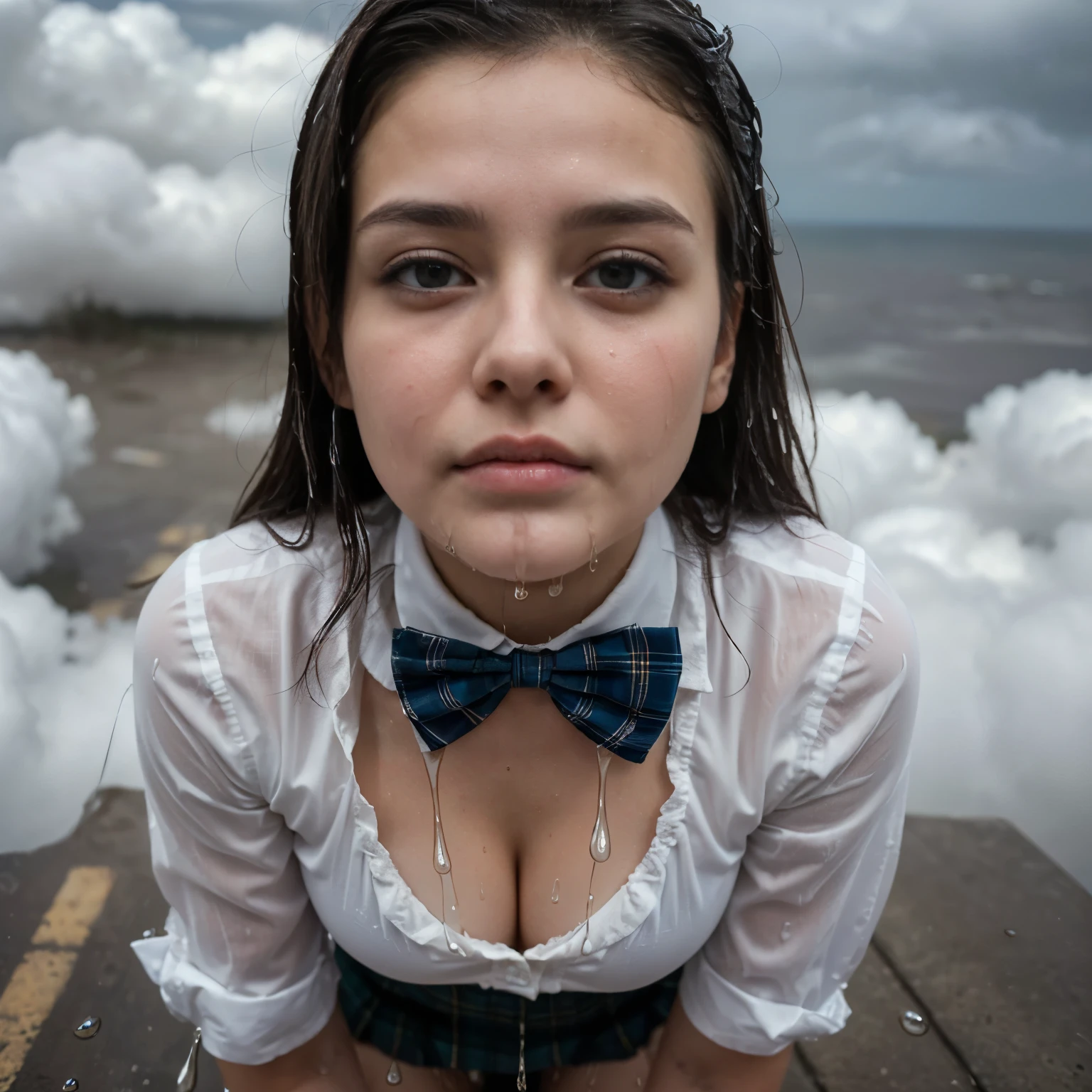 (highest quality、8k、High resolution、masterpiece:1.*****ung and beautiful woman、(Correct Anatomy)、(kneel)、(Look up)、(Close ~ eyes:1.5)、(White Shirt、A bow tie、Tartan check mini skirt、)、(A large amount of cloudy liquid:1.55)、(Wet Face:1.5)、huge breasts、Shot from above、