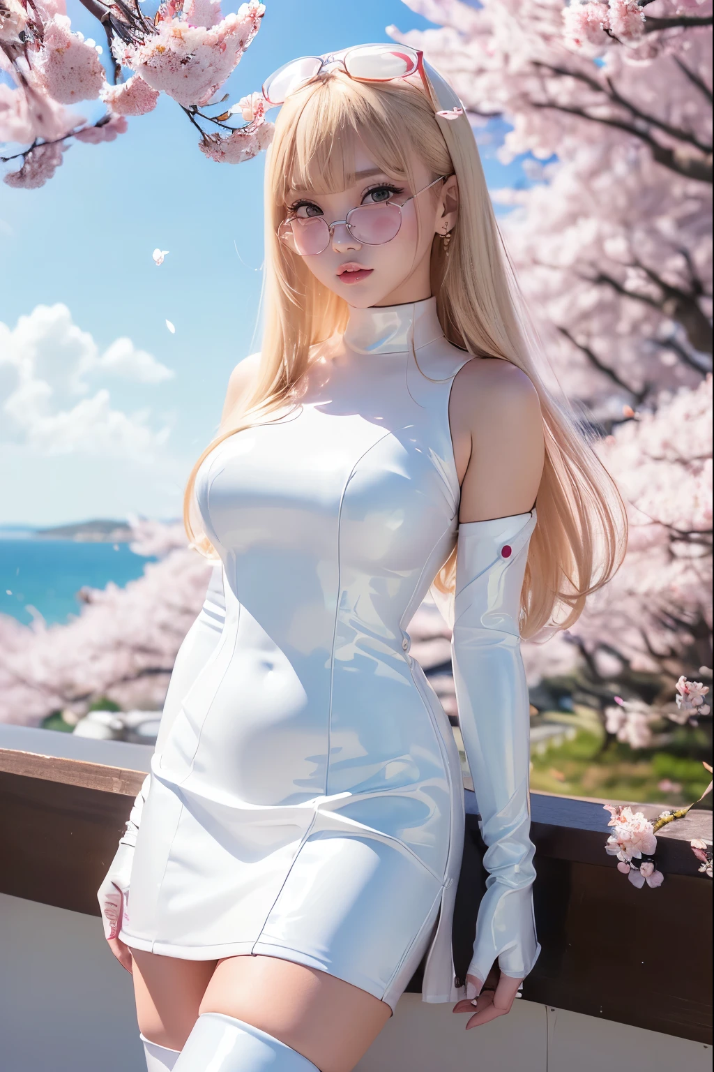 Taiwanese idol girl Blonde with bangs ((Rimless glasses)) Large Breasts Big eyes ((White Face Mask)) ((Sunset, the sea and lots of cherry blossoms)) ((Racing team bodycon dress made from ultra-glossy white and blue patent leather with sponsor lettering.)) ((Enamel Knee High Boots)) 8K glamorous Soft lighting Sweat ((A large amount of falling cherry blossom petals)) Wind