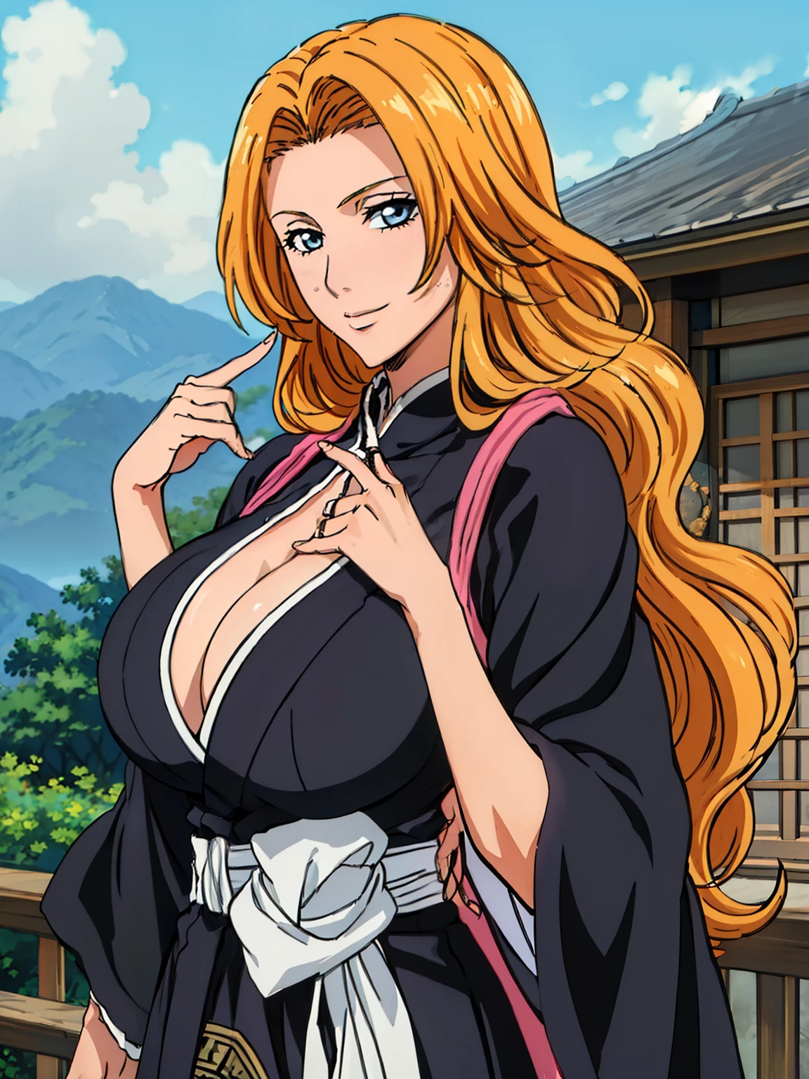 black kimono, (chinese temple outdoor background), matsumoto rangiku, takeda hiromitsu style, anime cels style, best quality, high resolution, (huge breasts:1.3), cowboy shot, (potrait body), blush, smiling, blue eyes, Blonde hair, bangs,Long_hair, 1 girl, looking at viewer, beautiful face, Beautiful Finger, Beautiful long legs, Beautiful body, Beautiful Nose,Beautiful character design