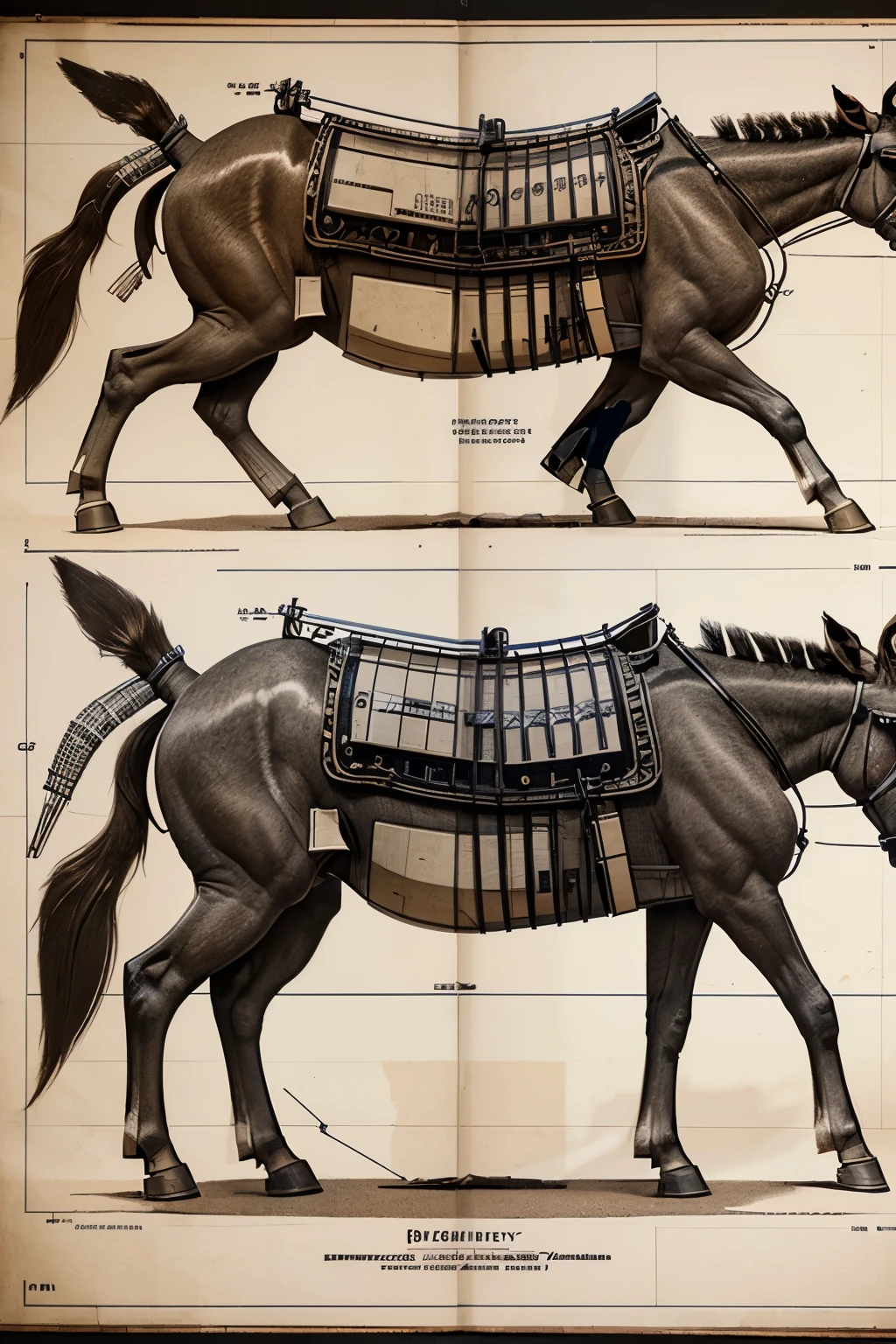 Highly detailed technical drawing of a donkey The illustrations should include a side view, cross-sections, and exploded views to show both the exterior and interior organs. Labeled parts with annotations specifying materials, dimensions, and other anatomic specifications. Style vintage engineering blueprint, and educational intent