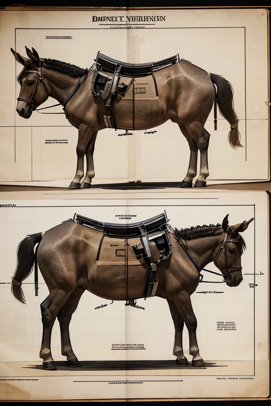 Highly detailed technical drawing of a donkey The illustrations should include a side view, cross-sections, and exploded views to show both the exterior and interior organs. Labeled parts with annotations specifying materials, dimensions, and other anatomic specifications. Style vintage engineering blueprint, and educational intent