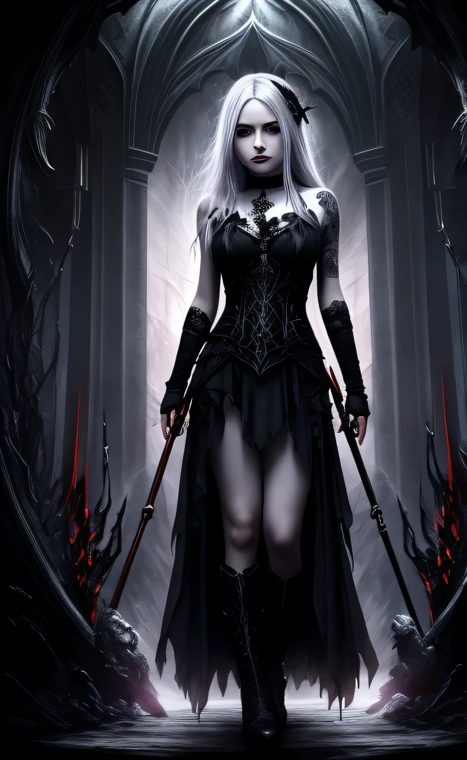 dark fantasy theme, mystical, zoomed, Dark theme, underworld theme, deviant art masterpiece, a pale girl on a dark throne, crimson eyes, grey hair, dark dress, dark tattoos, colour grading, dark illustration, extreme quality, extremely detailed
