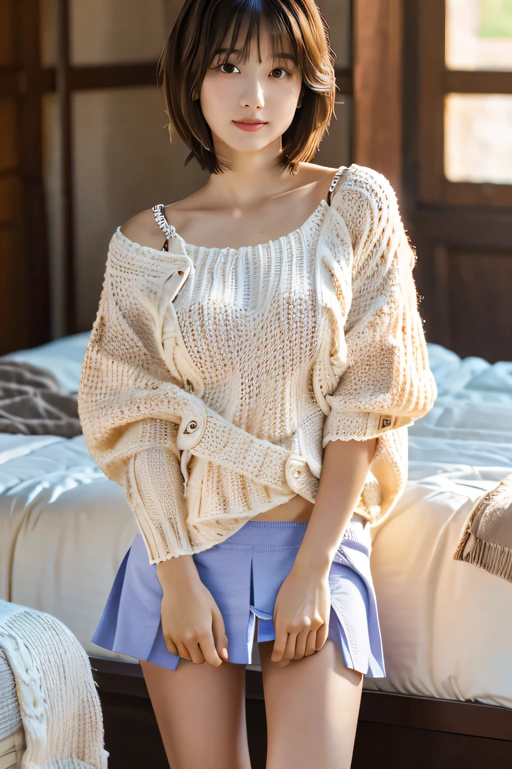 highest quality, Photorealistic, Very detailed, finely, High resolution, 8K Wallpaper, Professional, High level of detail, ((One 18 year old girl:1.2)), Slender Japanese women,Pretty lips, (Long eyelashes:1.2)、Detailed clavicle, Perfect Face, (Cute short bob hair:1.5),Top Quality,Ultra-clear resolution,Clear Eyes,Sunburned skin,Perfect breasts,have perfect legs,Focus on the legs,On the bed in a long flared skirt,Dimly lit bedroom、As if inviting him、wearing knit sweater & miniskirt, (Flirtingly lifting her skirt to show her panties:1.5)