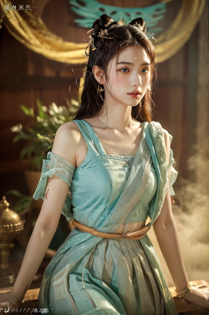 ( masterpiece, top quality, best quality,8k, girl,ultra detailed,raw photo:1.5),(photorealistic:1.4),(cinematic lighting), PerfectNwsjMajic, , Surrealism, UHD, ccurate, Super detail, textured skin, High detail, Best quality, dynamic angle, (high nose,White skin),[Beautiful blue eyes],(1girl),(good anatomy:0.5)), dunhuang_style, Dreamy atmosphere,expressive brush strokes, mystical ambiance, Artistic interpretation, a whimsical illustration, Subtle colors and tones,