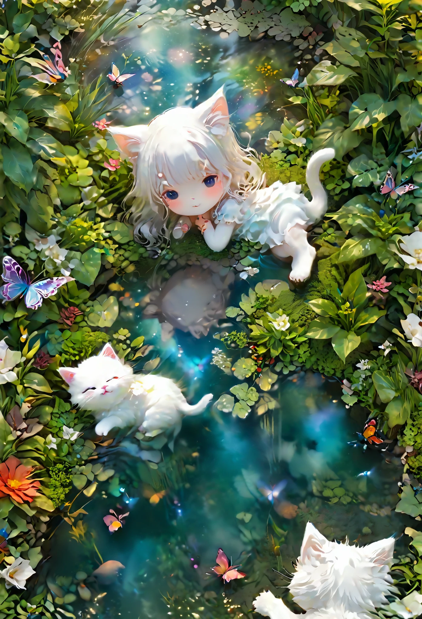 This scene is very fascinating。A girl and a white kitten are in a beautiful garden。 The girl is looking at the white kitten with amusement。The white kitten is having fun trying to catch a butterfly。 The garden with the girl and her white kitten is filled with lush greenery and colorful flowers.。The garden is bathed in spring sunlight, giving it a warm glow.。A girl and a white kitten surrounded by vibrant numbers々Butterflies are flying。The flying butterflies create a lively atmosphere.。 The white kitten is expressive、The detailed fur and unique folded ears add to its charm.。The gardens are beautifully maintained、Neatly trimmed bushes and々Various plants are arranged。The stream's crystal clear water reflects the serene environment.、Colorful facade of house in the distance々adds a bit of whimsy to the scene.。 The scene has an atmosphere of tranquility and contemplation.、Expressing the world of high fantasy。Guardian nebula of rainbow light and silvery vapor、The colors of the Corrosive Encirclement Ray family fill the sky、There is a slimy feeling in the air.。A beautiful piece of artwork that exudes a mysterious aura.。