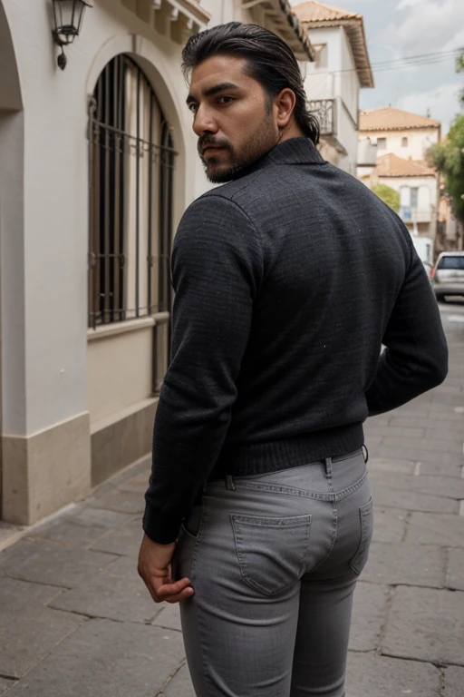 Rogelio Martínez, hombre barbudo y musculoso, muy guapo y varonil, intrincado, elegant, Sharp focus, foto de greg rutkowski, Soft lighting, Colores vibrantes, Obra maestra, ((calles)), cuerpo completo, gray black jeans  backside, same model 