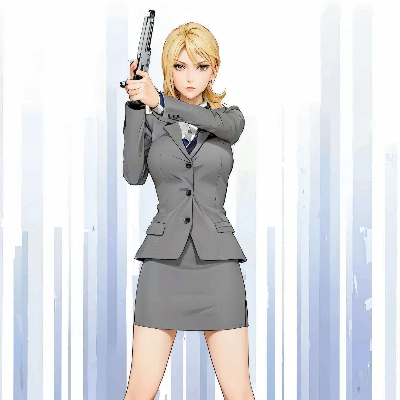 Cartoon of a woman in a suit holding a gun, Female detective, Inspired by Leiko Ikemura, gray suit and tight skirt，Blonde，Stern expression，cel - shaded art style, Desert Eagle，Shooting pose, Inspired by Le Chevalier, Charming Jill Valentine