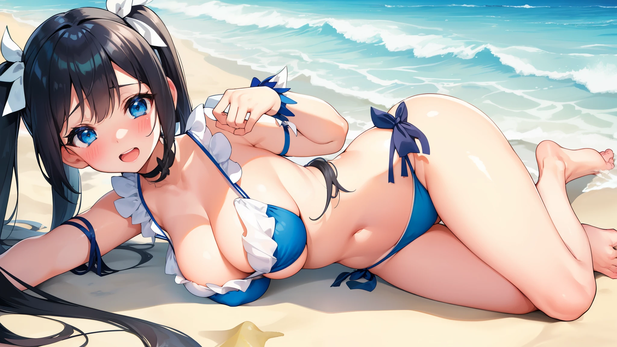beach, 1girl, blue bikini,black hair, looking at viewer, armlet, parted bangs, solo, bangs, blush, choker, collarbone,beach,,open mouth,smile,happy,saggy breasts,blush,solo,blue eyes,blue eyes,twintail,hestia,hestia,hestia,hestia,side boob,beach,,blush,light blue eyes,disgusting face,Very saggy breasts,1 girl,very long ruffles of white color,,{{{A very long white old}}},{{{beach}}},barefoot,,blue bikini,,,kneeling