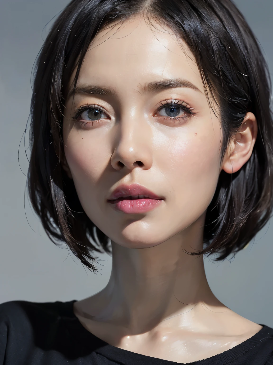 (masterpiece:1.3), (8k, photorealistic, RAW photo, best quality: 1.4), (1girl), beautiful face, (realistic face), (black hair, short hair:1.3), beautiful hairstyle, realistic eyes, beautiful detailed eyes, (realistic skin), beautiful skin, (sweater), absurdres, attractive, ultra high res, ultra realistic, highly detailed, golden ratio, , (blue background), ((full body:1.3))