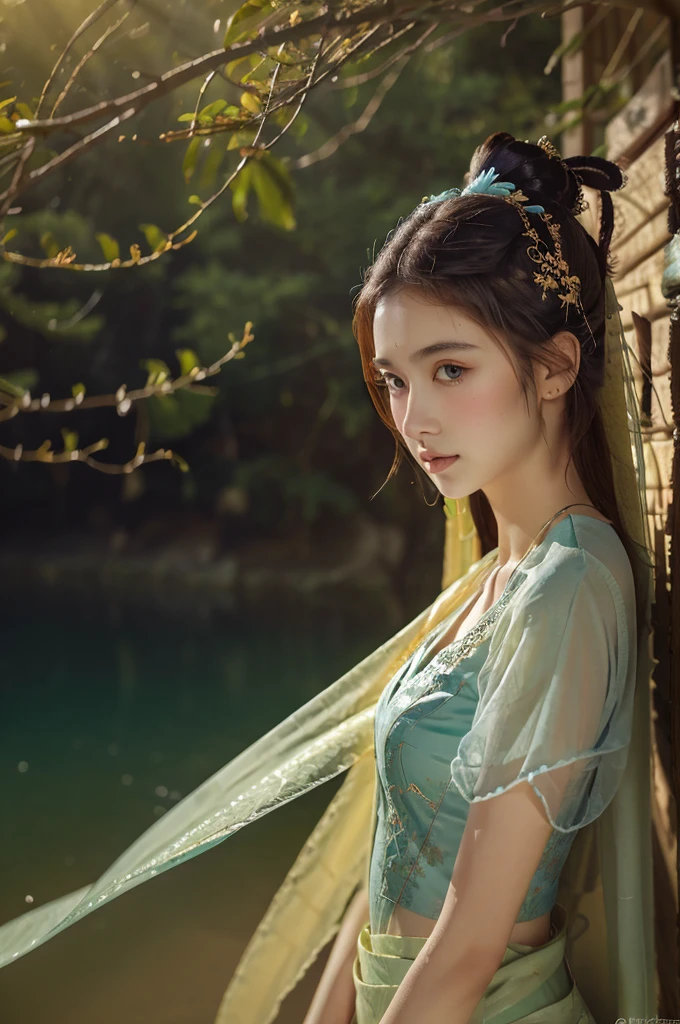 ( masterpiece, top quality, best quality,8k,17 years old girl,ultra detailed,raw photo:1.5),(photorealistic:1.4),(cinematic lighting), PerfectNwsjMajic, , Surrealism, UHD, ccurate, Super detail, textured skin, High detail, Best quality, dynamic angle, (high nose,White skin),[Beautiful blue eyes],(1girl),(good anatomy:0.5)), dunhuang_style, Dreamy atmosphere,expressive brush strokes, mystical ambiance, Artistic interpretation, a whimsical illustration, Subtle colors and tones, straight face