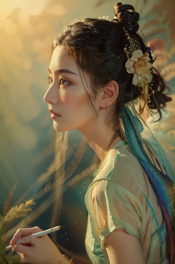 ( masterpiece, top quality, best quality,8k,17 years old girl,ultra detailed,raw photo:1.5),(photorealistic:1.4),(cinematic lighting), PerfectNwsjMajic, , Surrealism, UHD, ccurate, Super detail, textured skin, High detail, Best quality, dynamic angle, (high nose,White skin),[Beautiful blue eyes],(1girl),(good anatomy:0.5)), dunhuang_style, Dreamy atmosphere,expressive brush strokes, mystical ambiance, Artistic interpretation, a whimsical illustration, Subtle colors and tones, straight face