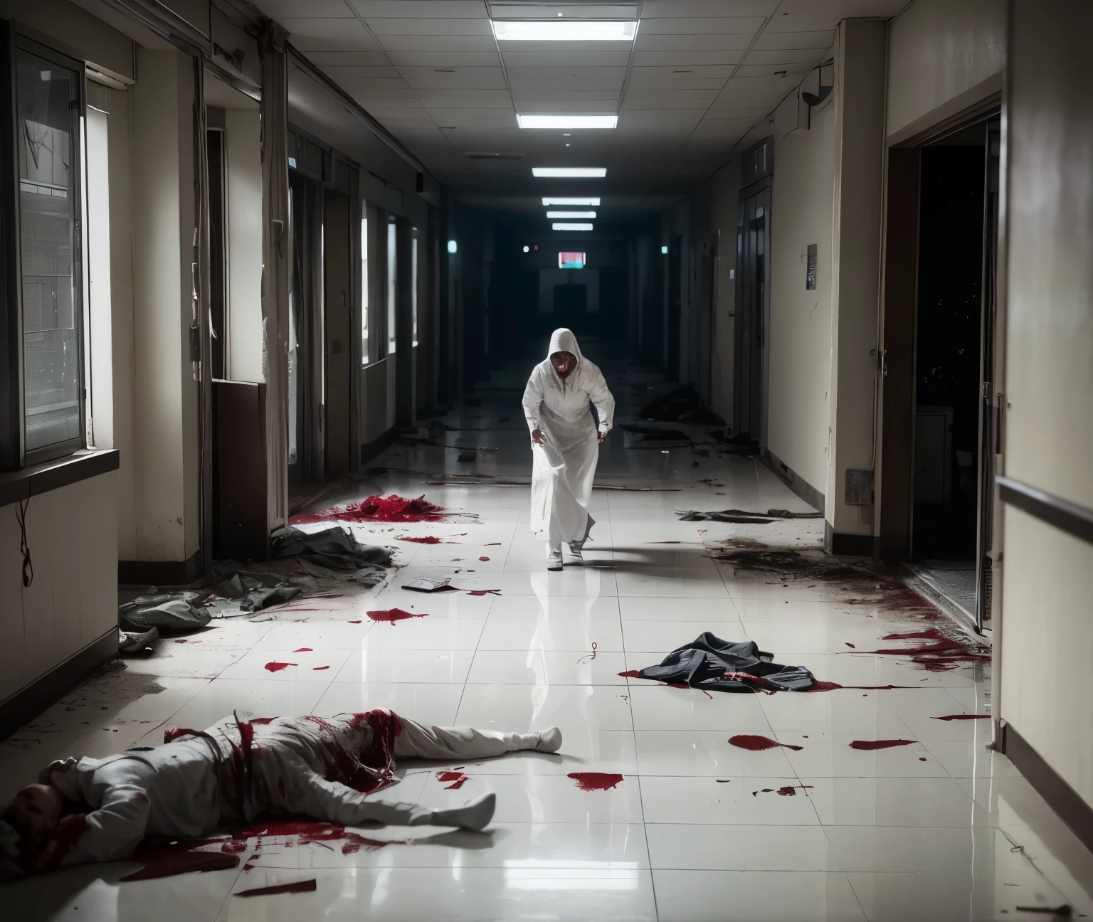 A chilling and realistic image of a horde of zombies relentlessly pursuing a frightened nurse within the confines of a deserted hospital. The nurse, dressed in a pristine white uniform, her face etched with fear, dashes through the dimly lit corridors, her shoes echoing against the cold tiled floors. Bloodstains and the remnants of shattered glass litter the ground behind her, a testament to the chaos that ensued. The once bustling hospital now transformed into a bleak and eerie landscape, filled with the groans and moans of the undead. Each zombie, with their sunken eyes and decaying skin, demonstrates the unrelenting