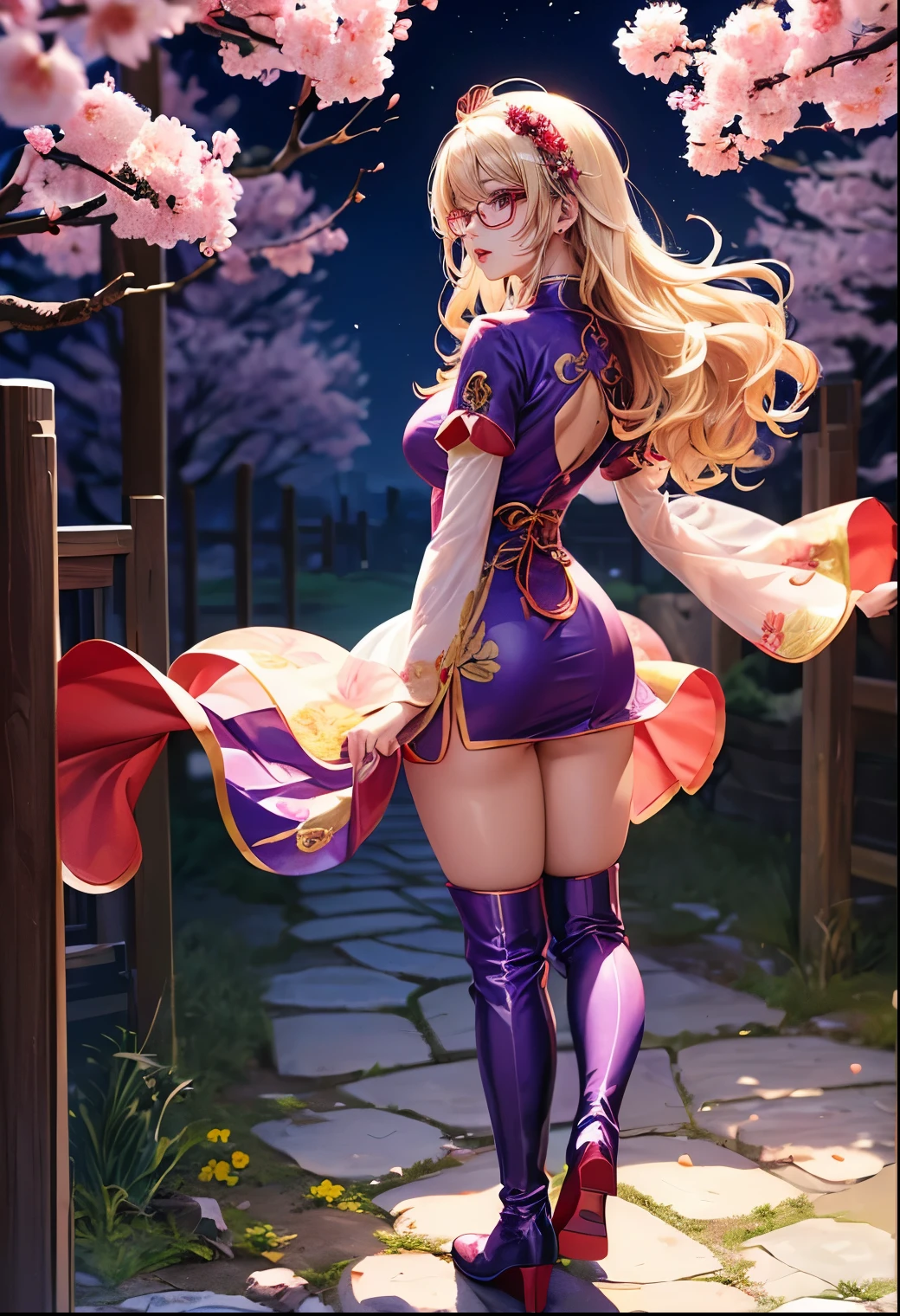 Chinese idol girl Mature Woman Blonde wavy hair with bangs (Bright red rouge lips) Super big boobs Chubby Plump Super big butt Wet ass ((Rimless glasses)) Big eyes SakuraFubuki ((Gorgeous super shiny purple long cheongsam)) ((Knee-high boots)) garter belt 8K Photorealistic ((Cherry tree in full bloom)) (A large amount of falling cherry blossom petals) ((Morning Glow)) ((Sit with your back to the camera)) ((Back view of a person sitting upright)) ((Turn around and make eye contact)) ((stick out your butt))