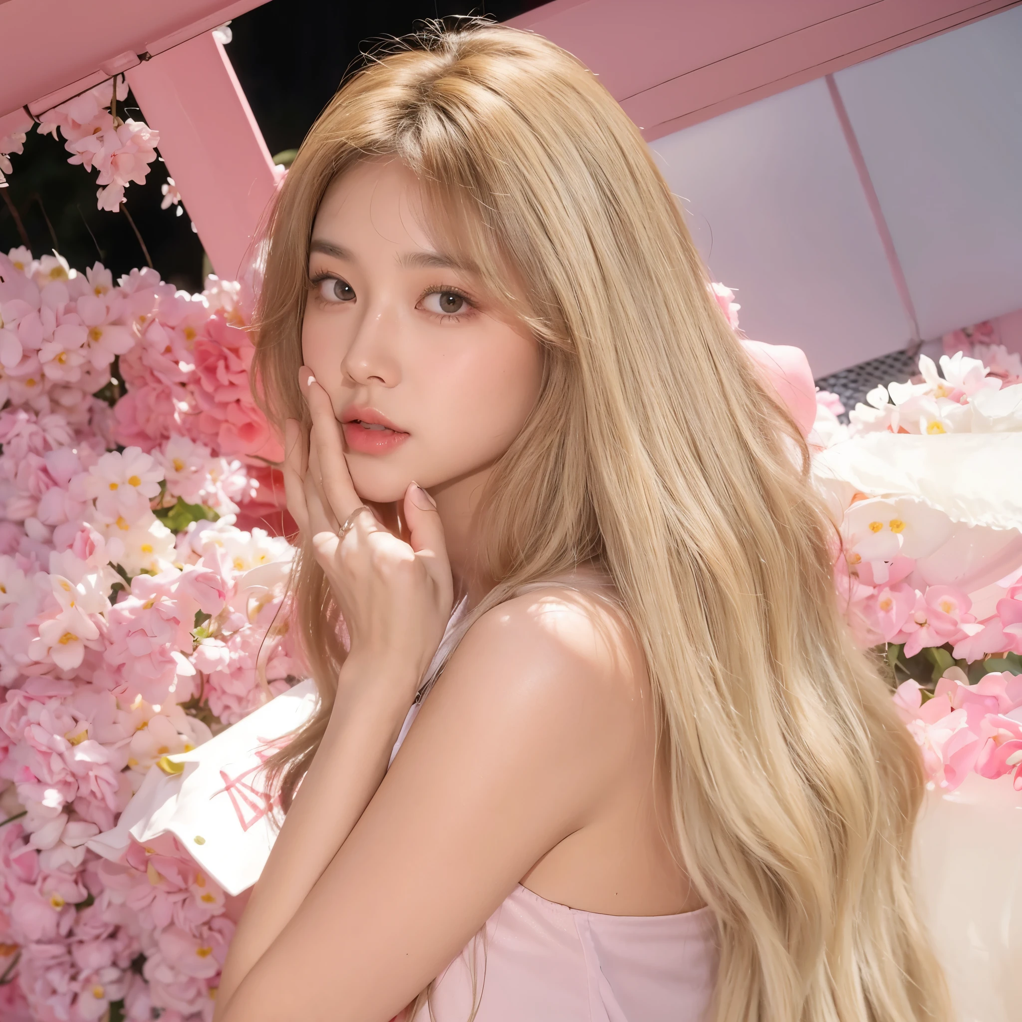 Middle-parted long curly hair with bangs,uniform hair color,Slightly curly hair,The background is simple and clean,Beautiful and good looking characters