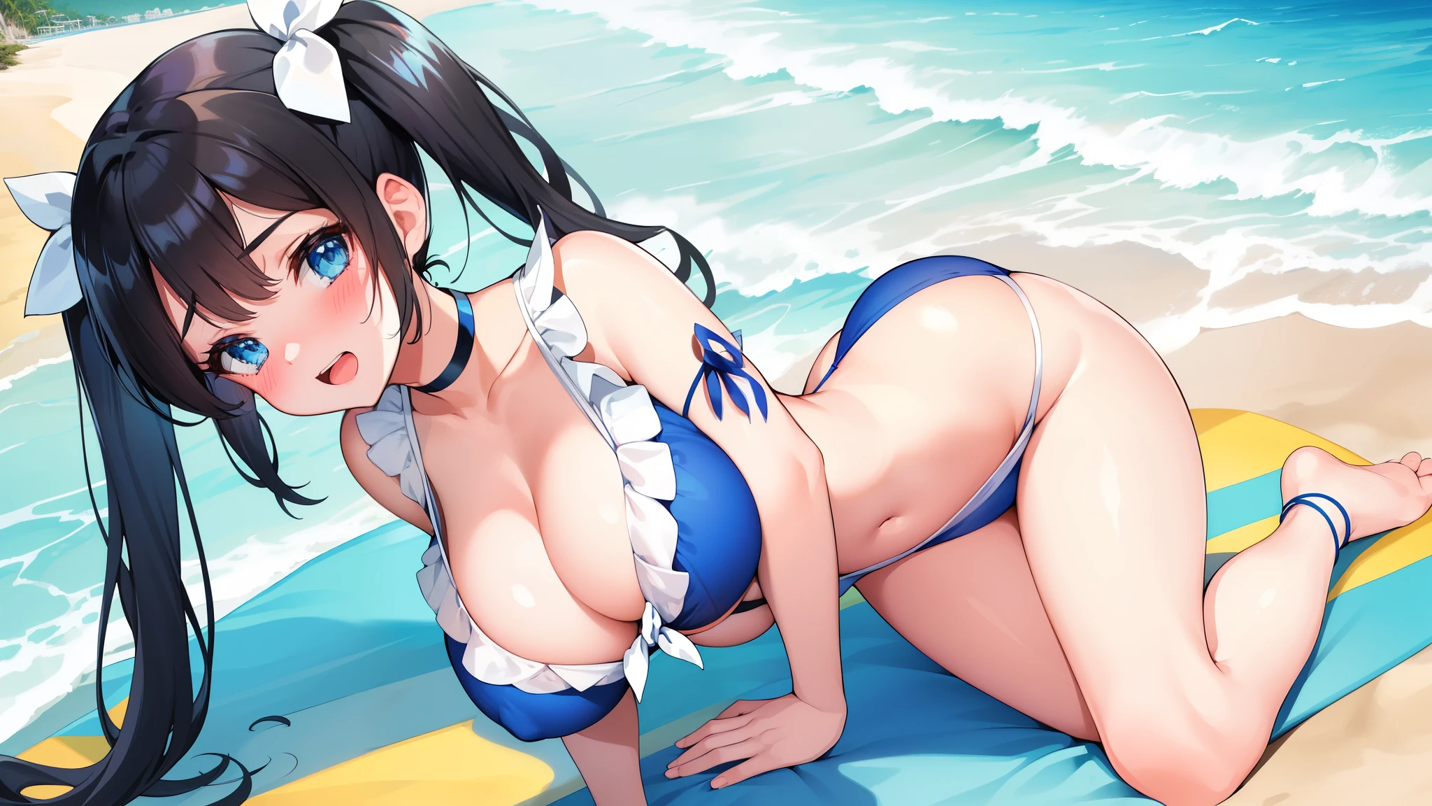 beach, 1girl, blue bikini,black hair, looking at viewer, armlet, parted bangs, solo, bangs, blush, choker, collarbone,beach,,open mouth,smile,happy,saggy breasts,blush,solo,blue eyes,blue eyes,twintail,hestia,hestia,hestia,hestia,side boob,beach,,blush,light blue eyes,disgusting face,Very saggy breasts,1 girl,very long ruffles of white color,,{{{A very long white old}}},{{{beach}}},barefoot,,blue bikini,,,kneeling