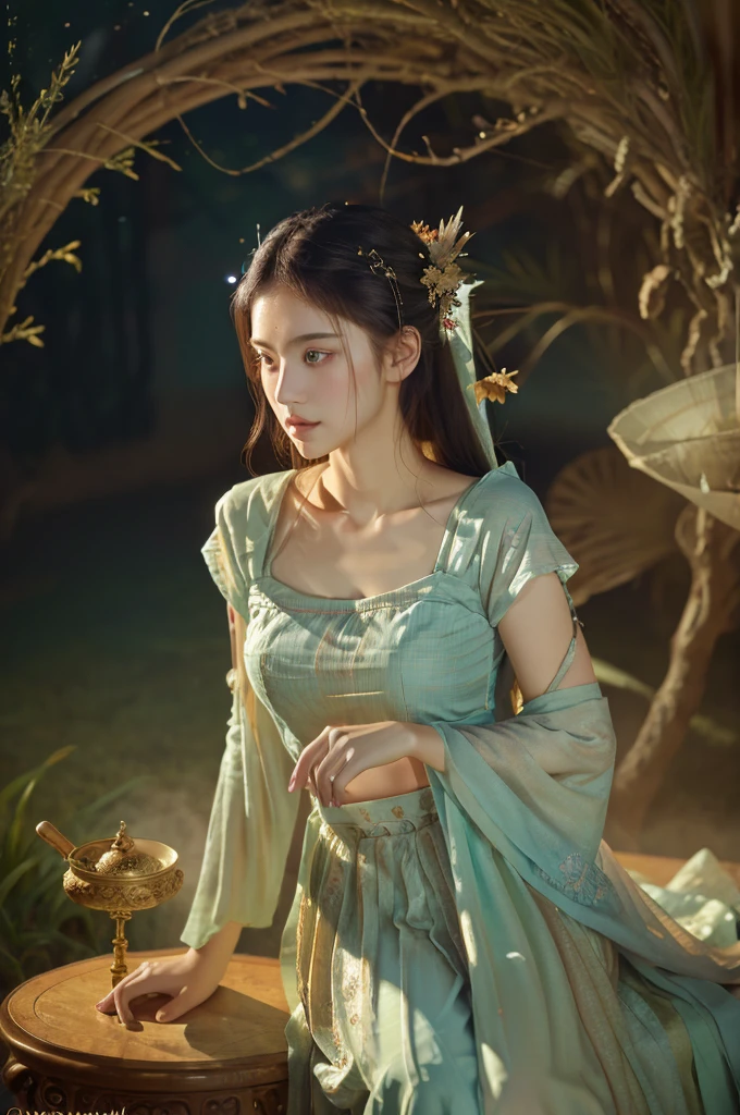 ( masterpiece, top quality, best quality,8k,17 years old girl,ultra detailed,raw photo:1.5),(photorealistic:1.4),(cinematic lighting), PerfectNwsjMajic, , Surrealism, UHD, ccurate, Super detail, textured skin, High detail, Best quality, dynamic angle, (high nose,White skin),[Beautiful blue eyes],(1girl),(good anatomy:0.5)), dunhuang_style, Dreamy atmosphere,expressive brush strokes, mystical ambiance, Artistic interpretation, a whimsical illustration, Subtle colors and tones, straight face