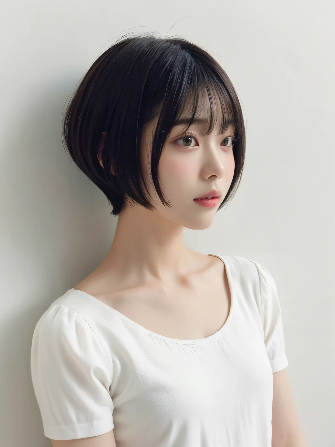 Stylish spring clothes、Silky hair、(背景にWhite wall、Short-sleeved tops:1.4)、White wall、Taken in front of a white door、(窓のあるWhite wallの部屋)、((highest quality、8k、masterpiece:1.3))、Ultra-high resolution、(photoGenuineistic:1.4)、RAW Photos、Japanese,(Detailed aspect)、Genuine、Photographed in natural light、Highly detailed face and skin texture、Highly detailed lips、The correct state of the human body、Short Hair、Black Hair、Various poses、short hair、Shortcuts、Natural color lip、Pixie Cut、非常にShort Hair