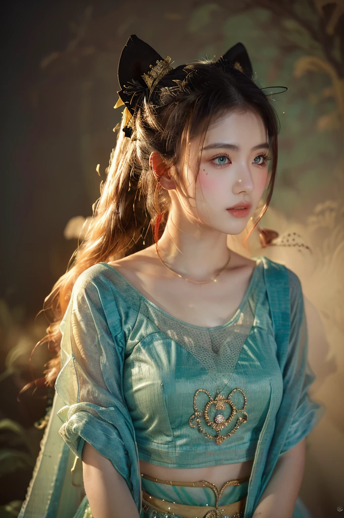 ( masterpiece, top quality, best quality,8k,************ girl,ultra detailed,raw photo:1.5),(photorealistic:1.4),(cinematic lighting), PerfectNwsjMajic, , Surrealism, UHD, ccurate, Super detail, textured skin, High detail, Best quality, dynamic angle, (high nose,White skin),[Beautiful blue eyes],(1girl),(good anatomy:0.5)), dunhuang_style, Dreamy atmosphere,expressive brush strokes, mystical ambiance, Artistic interpretation, a whimsical illustration, Subtle colors and tones, straight face