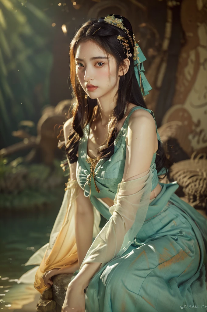 ( masterpiece, top quality, best quality,8k,************ girl,ultra detailed,raw photo:1.5),(photorealistic:1.4),(cinematic lighting), PerfectNwsjMajic, , Surrealism, UHD, ccurate, Super detail, textured skin, High detail, Best quality, dynamic angle, (high nose,White skin),[Beautiful blue eyes],(1girl),(good anatomy:0.5)), dunhuang_style, Dreamy atmosphere,expressive brush strokes, mystical ambiance, Artistic interpretation, a whimsical illustration, Subtle colors and tones, straight face