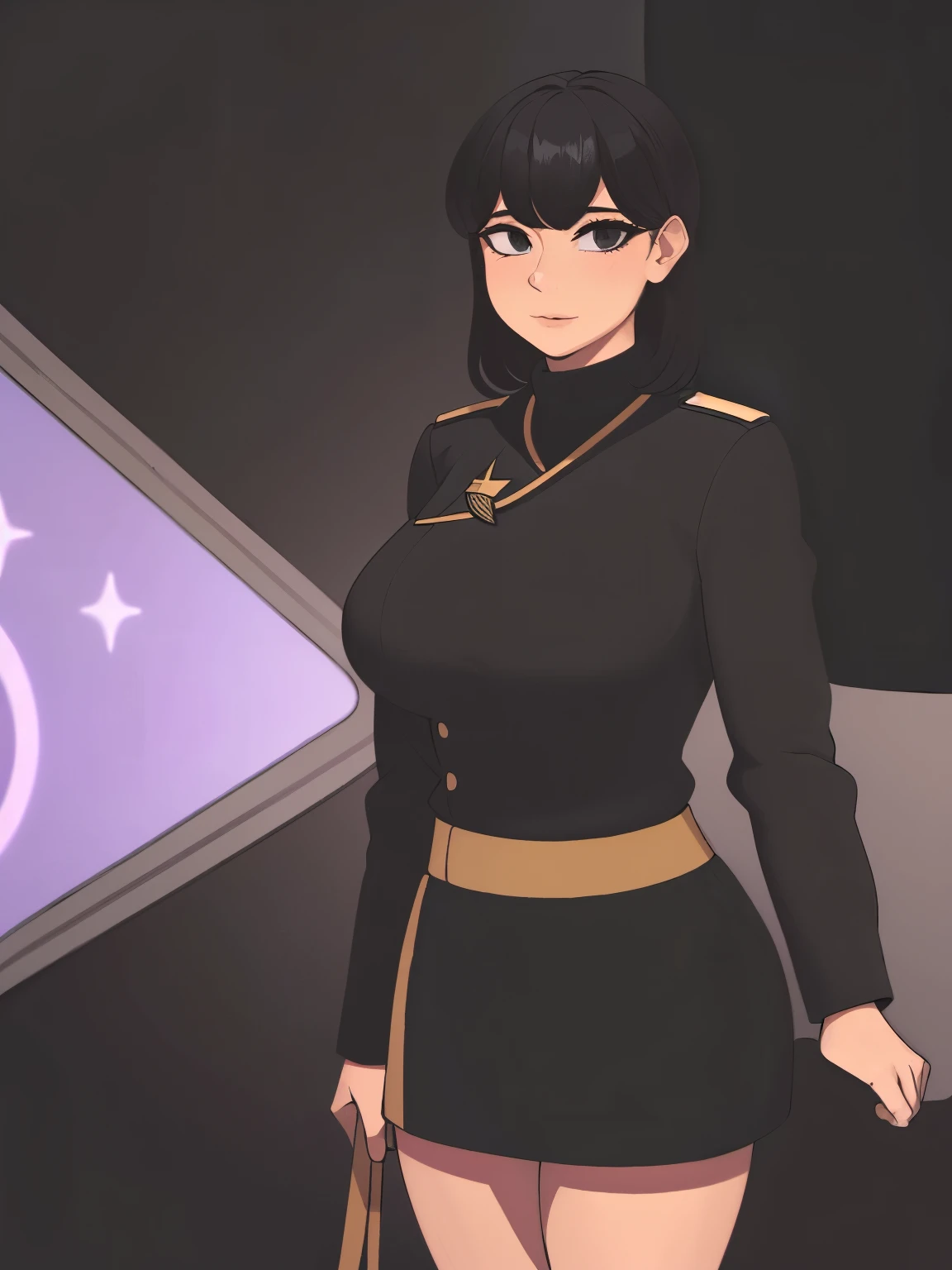 (highest resolution, distinct_image), best quality, masterpiece, highly detailed, semi realistic, a woman with short black hair, mature woman, triple bangs, black uniform, black pleated skirt, military uniform, medals, magnificent military uniform, beautiful woman, spaceship space, control room, commander