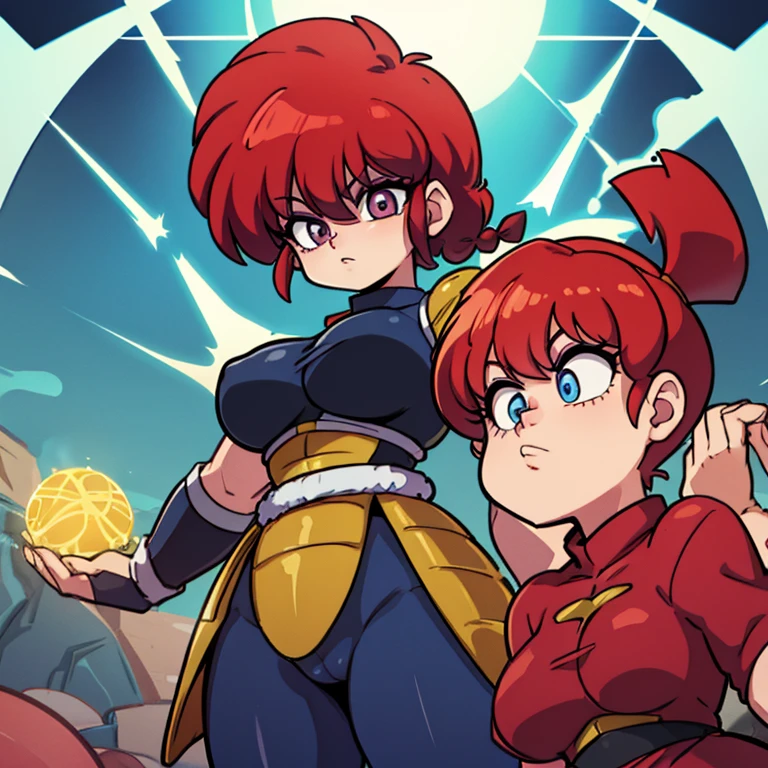 Ranmachan, cabello rojo, Cabello con trenza, ojos azules, ojos detallados, Saiyan Scouter (+ Armor), saiyan armor, energy sphere, released energy, pelea,