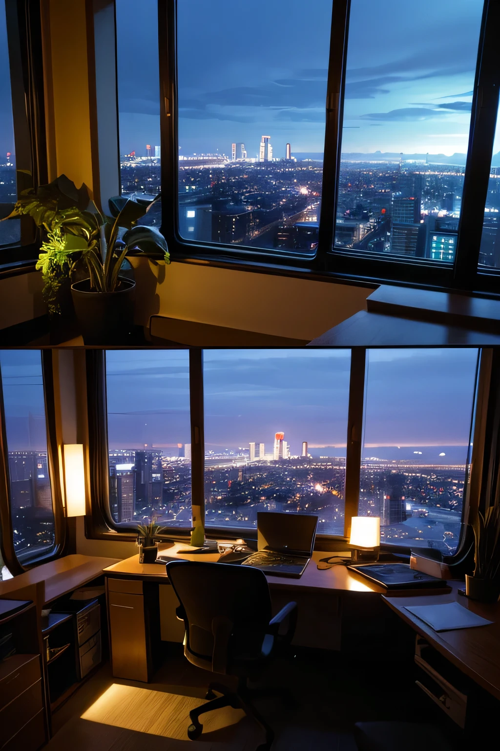 High floor corner room Large windows on the south and west sides Desk and houseplants Outside, it's city night The view is like being in an airplane cockpit