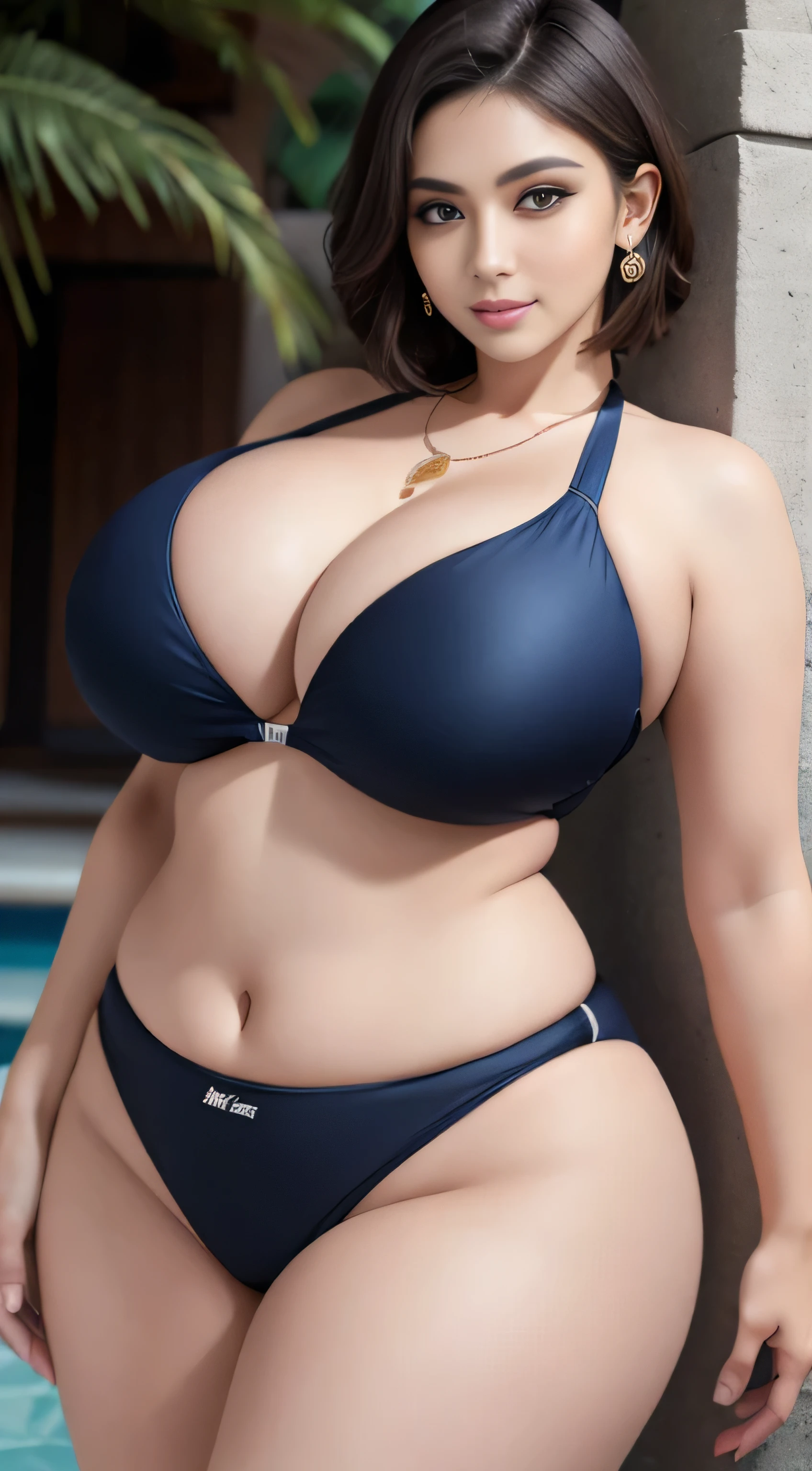 Super detailed, beautiful, masterpiece, highest quality, detailed beautiful round eyes, beautifully detailed face, Medium Short Hair, Random Hairstyles, Random hair color, Random eye color, (Huge breasts:1.4, Cleavage, thick , thick waist), MILF, (Fine design swimwear:1.5), Earrings, necklace, Perfect Face, Perfect body, (smile), Random Pause, Random Location, Nature Outdoors, (alone)、sexy、Sensual woman