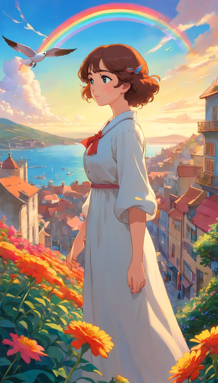 A breathtaking photorealistic oil painting by Greg Rutkowski, inspired by Alphonse Mucha and the Studio Ghibli aesthetic, capturing a beautiful British woman [Elizabeth Taylor:Maude Adams:0.4] with short, curly ginger hair. Detailed face, She stands at the top of a hill, gazing at the picturesque ((Cornwall city ))below. The warm sunset colors create a stunning contrast with the cool blues of the city, as a seagull soars in the sky. A mesmerizing butterfly hovers near vibrant flowers in the foreground, while a rainbow arches across the heavens. The overall atmosphere of the painting is cinematic and evocative, with the composition inviting viewers to immerse themselves in this enchanting scene., cinematic, painting