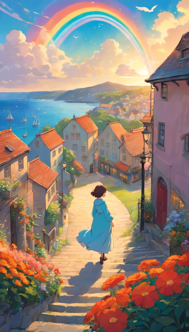 A breathtaking photorealistic oil painting by Greg Rutkowski, inspired by Alphonse Mucha and the Studio Ghibli aesthetic, capturing a beautiful British woman [Elizabeth Taylor:Maude Adams:0.4] with short, curly ginger hair. Detailed face, She stands at the top of a hill, gazing at the picturesque ((Cornwall city ))below. The warm sunset colors create a stunning contrast with the cool blues of the city, as a seagull soars in the sky. A mesmerizing butterfly hovers near vibrant flowers in the foreground, while a rainbow arches across the heavens. The overall atmosphere of the painting is cinematic and evocative, with the composition inviting viewers to immerse themselves in this enchanting scene., cinematic, painting