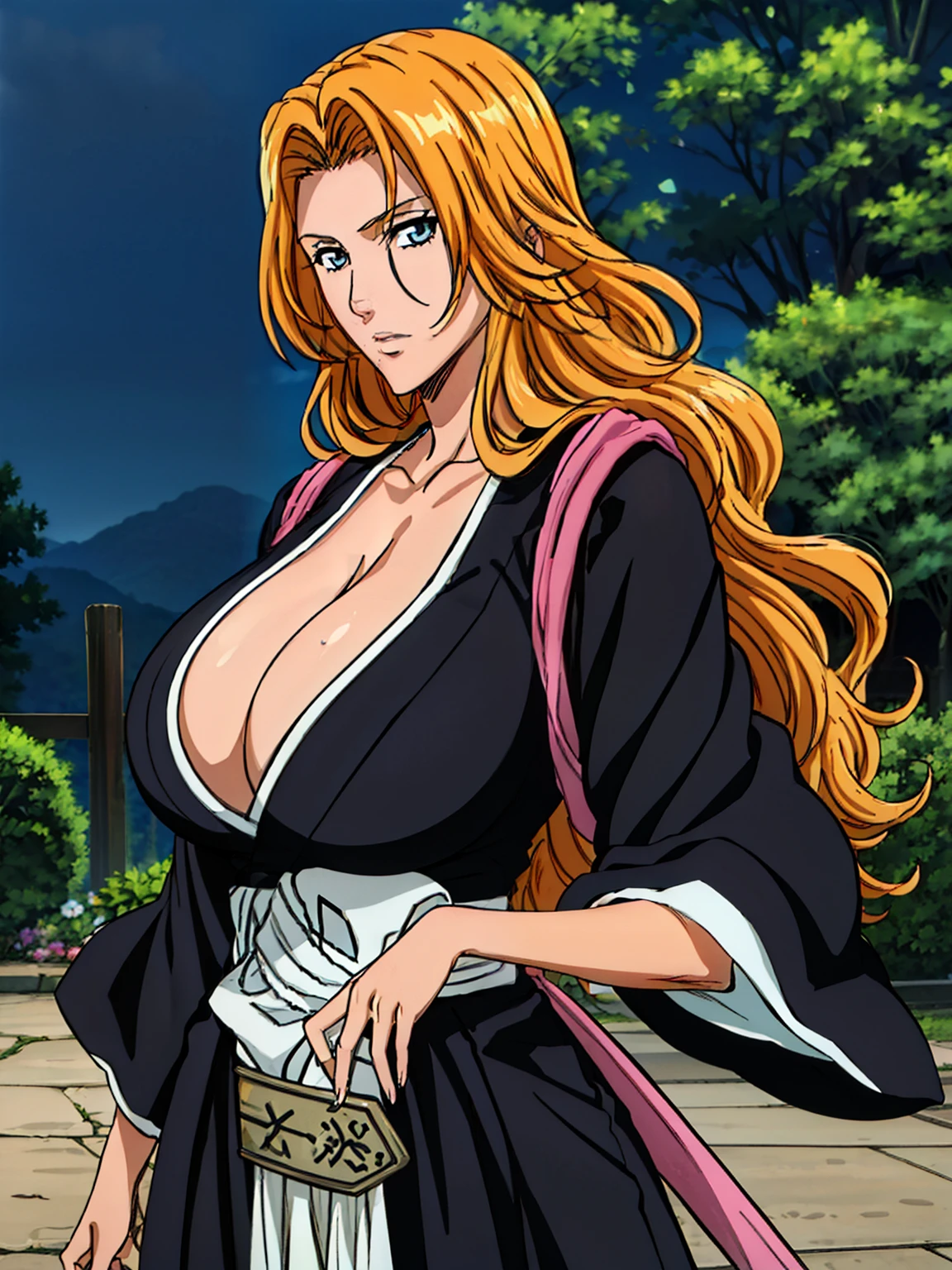 black kimono, garden, matsumoto rangiku, anime cels style, best quality, high resolution, (huge breasts:1.3), cowboy shot, (potrait body), blue eyes, Blonde hair, bangs,Long_hair, 1 girl, looking at viewer, beautiful face, Beautiful Finger, Beautiful long legs, Beautiful body, Beautiful Nose,Beautiful character design