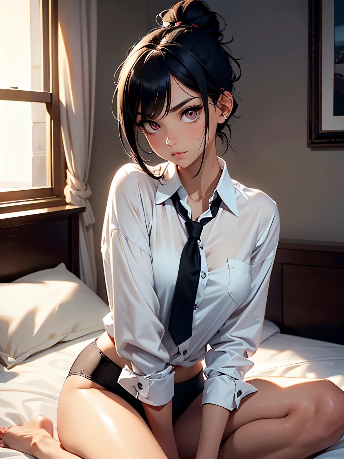 (masterpiece)(high resolution) A girl with short brown-black hair tied up in a bun with a hair clip. The hair is asymmetrical and completely covers one side of her face. You cannot see one of her eyes. She has a serious look, with solid black pupils and eyeliner and long eye lashes. she is wearing a white office shirt with a  black necktie. She is wearing no pants and has black underwear. Sitting on a bed in a hotel room, nighttime, light reflecting off her lips. 