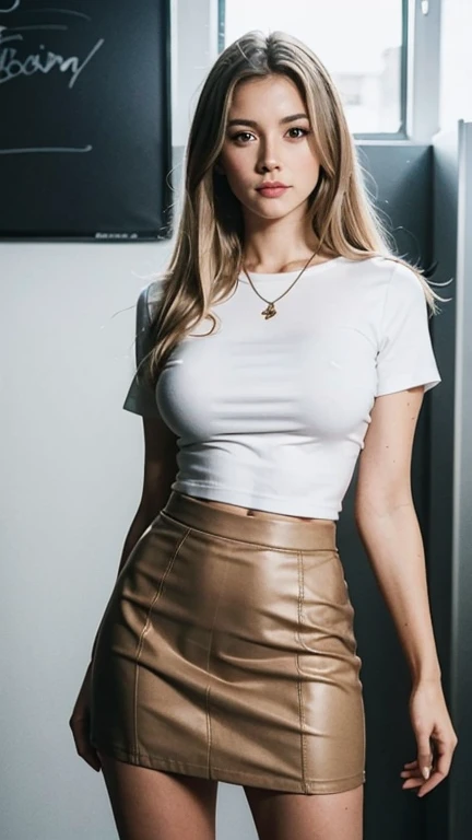 1 girl, black shirt, short skirt, medium breasts, looking at viewer, healthy skin, German woman, blonde, detailed eyes, indoors, cowboy_shot, ((dominant, merciless)), masterpiece, highres,standing in a bar.